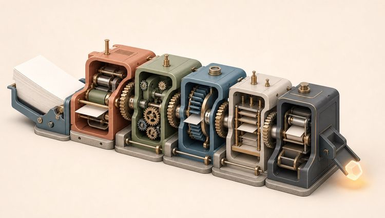 An isometric cutaway illustration of a machine turning a stack of documents into a single glowing output through five interlocking gear chambers — a knowledge base becoming an operating system.