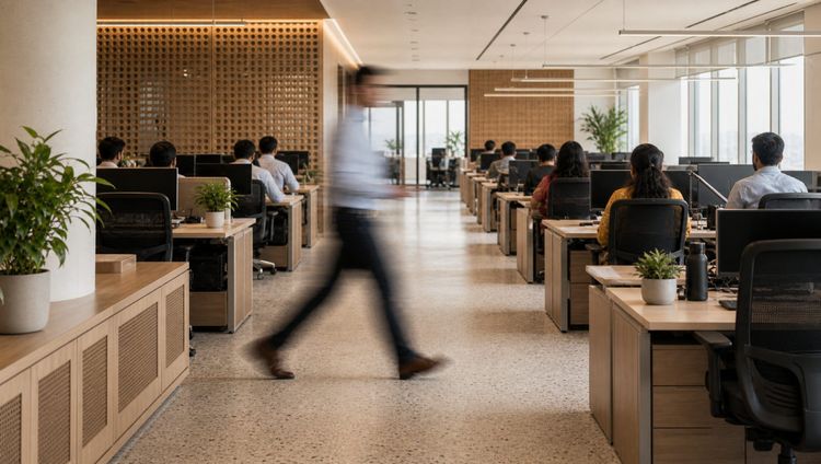 A single employee walks briskly through a modern open-plan office as a motion blur while seated colleagues stay in sharp focus, illustrating how individual AI productivity can rise while the company stays still.