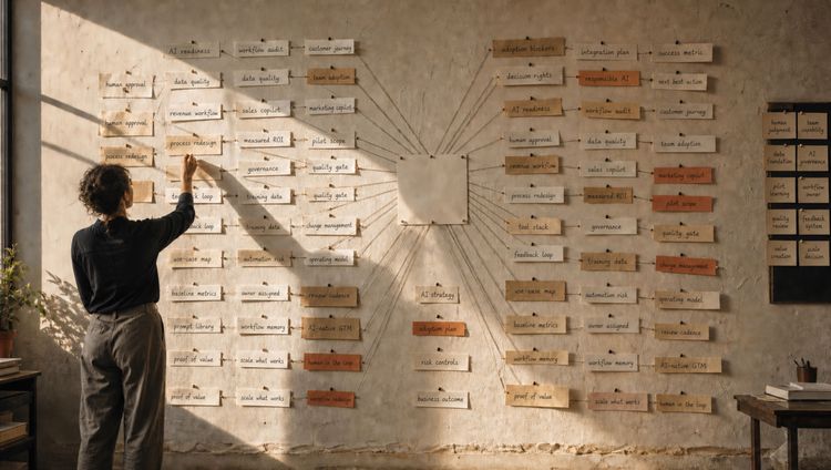 An editor connects individual AI writing lessons on a wall to a central set of reusable rules.