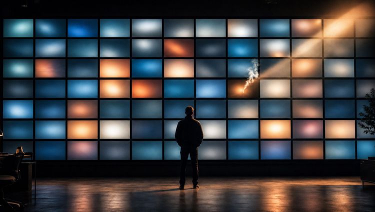 A lone figure stands before a large wall of glowing screens where one panel emits a wisp of smoke — an AI early-warning system catching the first sign of trouble a marketing team would miss.